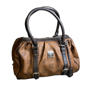 MCM Visetos Brown Leather Satchel with Dark Straps